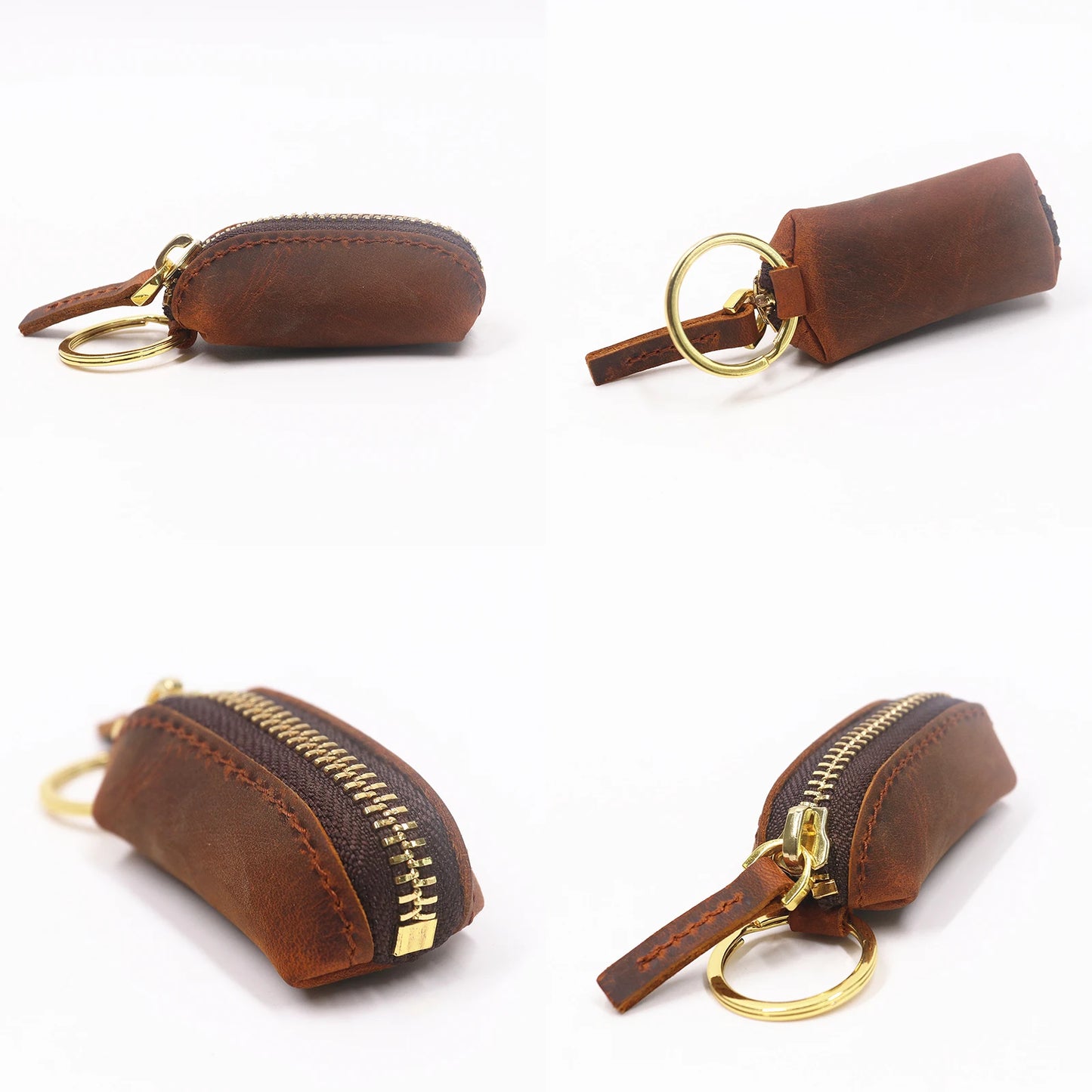 Genuine Leather Coin Pouch Keychain For Men Women Original Cowhide Handmade Small Zipper Coin Purse With Brass Key Chain Holder