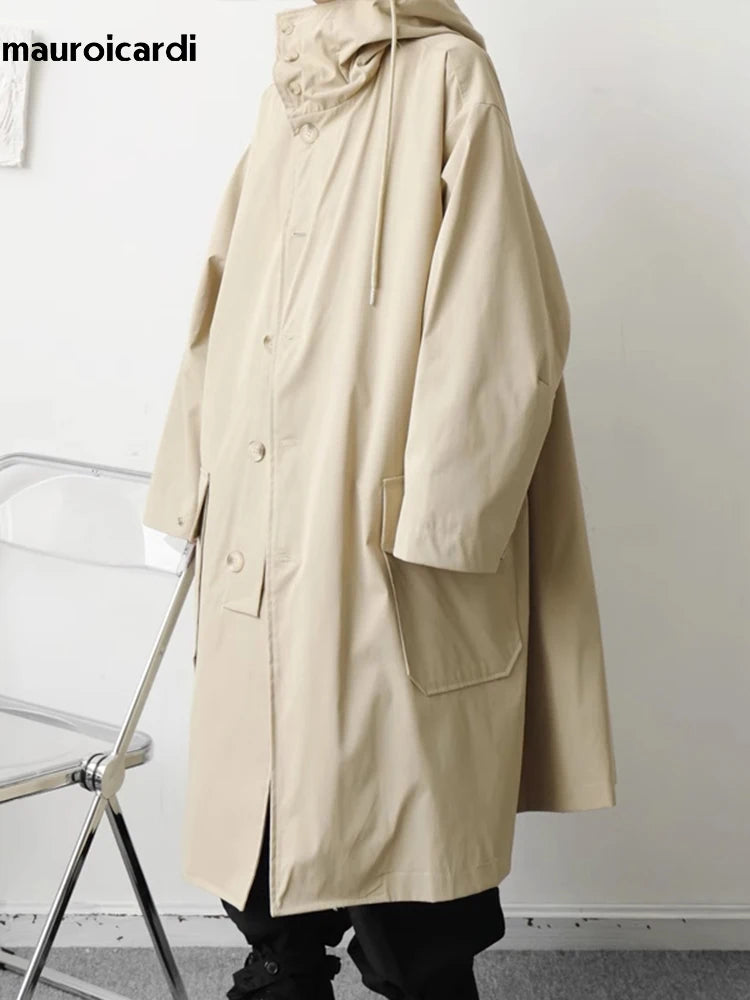 Mauroicardi Spring Autumn Long Black Khaki Oversized Trench Coat Men with Hood Pockets Loose Casual Windproof Windbreaker 2023