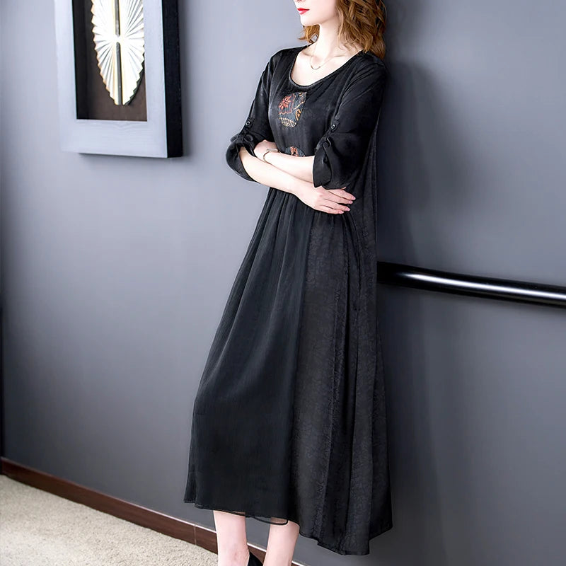 Women Black Print Natural Silk Maxi Dress Spring Summer Elegant Loose Waist Dress 2024 Korean Vintage Hepburn Evening Dresses