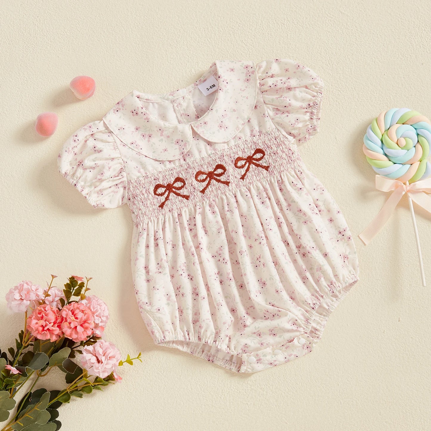 FOCUSNORM 3 Colors Lovely Baby Girls Rompers Bowknot Embroidered Print Doll Collar Short Sleeve Jumpsuits Summer Clothes