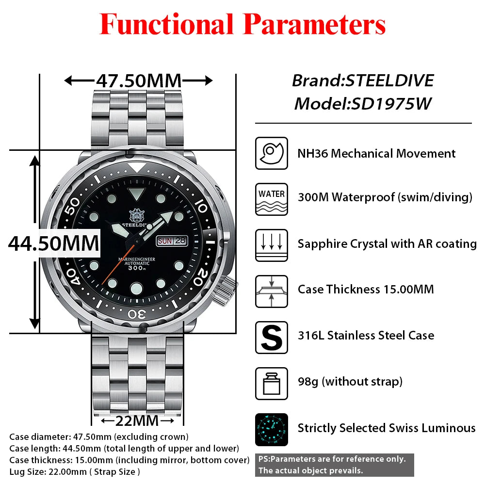 STEELDIVE Top Brand Day Function 47.5mm 300M Waterproof Sapphire Glass Ceramic Bezel NH36 Automatic Dive Can Tuna Watch for Men