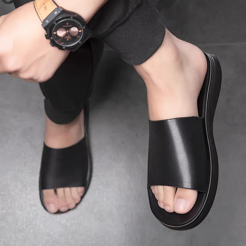 Slippers Men's beach shoes,Summer New Male slides,Peep Toe slippers Black/Brown calf leather shoes Adults Teenagers USA Fashion