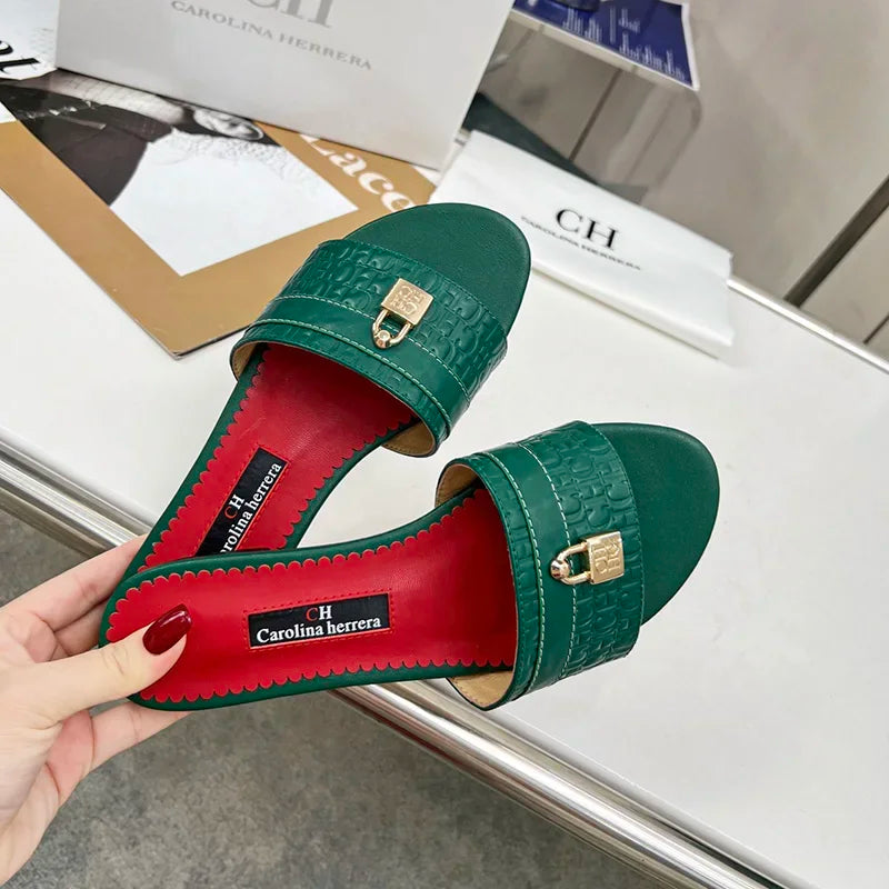 CH Women's Solid Colour Printing Simple Fashion Slippers High-End Style Elegant Wearable Office Working Woman