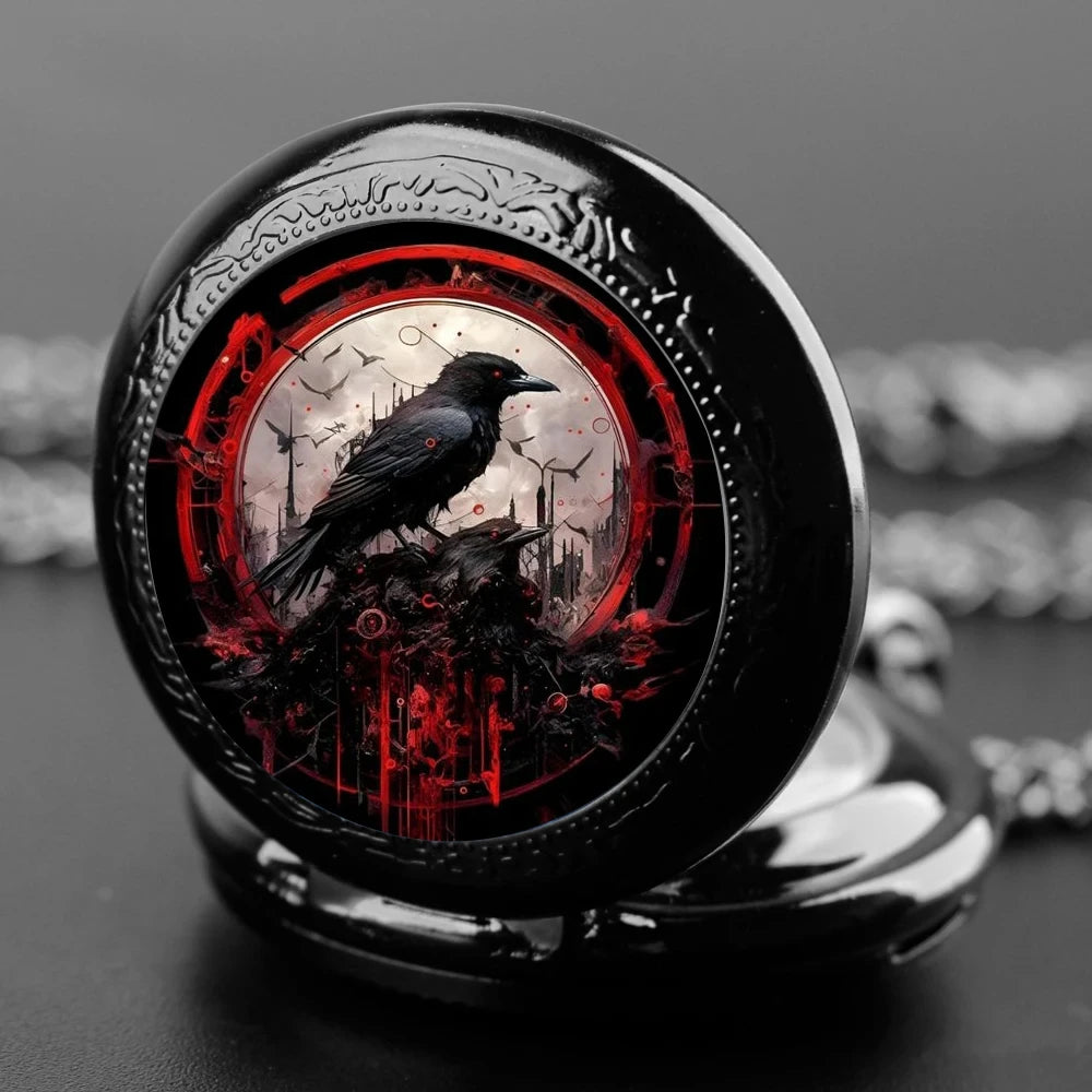 Exquisite Vintage Crows Quartz Pocket Watch - Necklace Pendant With World Time Feature, Alloy Case, Ideal Gift For Men & Women