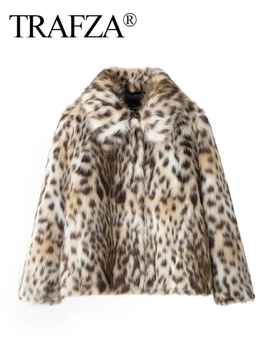 TRAFZA Winter Woman Leopard Print Lapel Faux Fur Loose Coat Pockets Fashion Long Sleeves Fuzzy Jacket Female Warm Outerwear