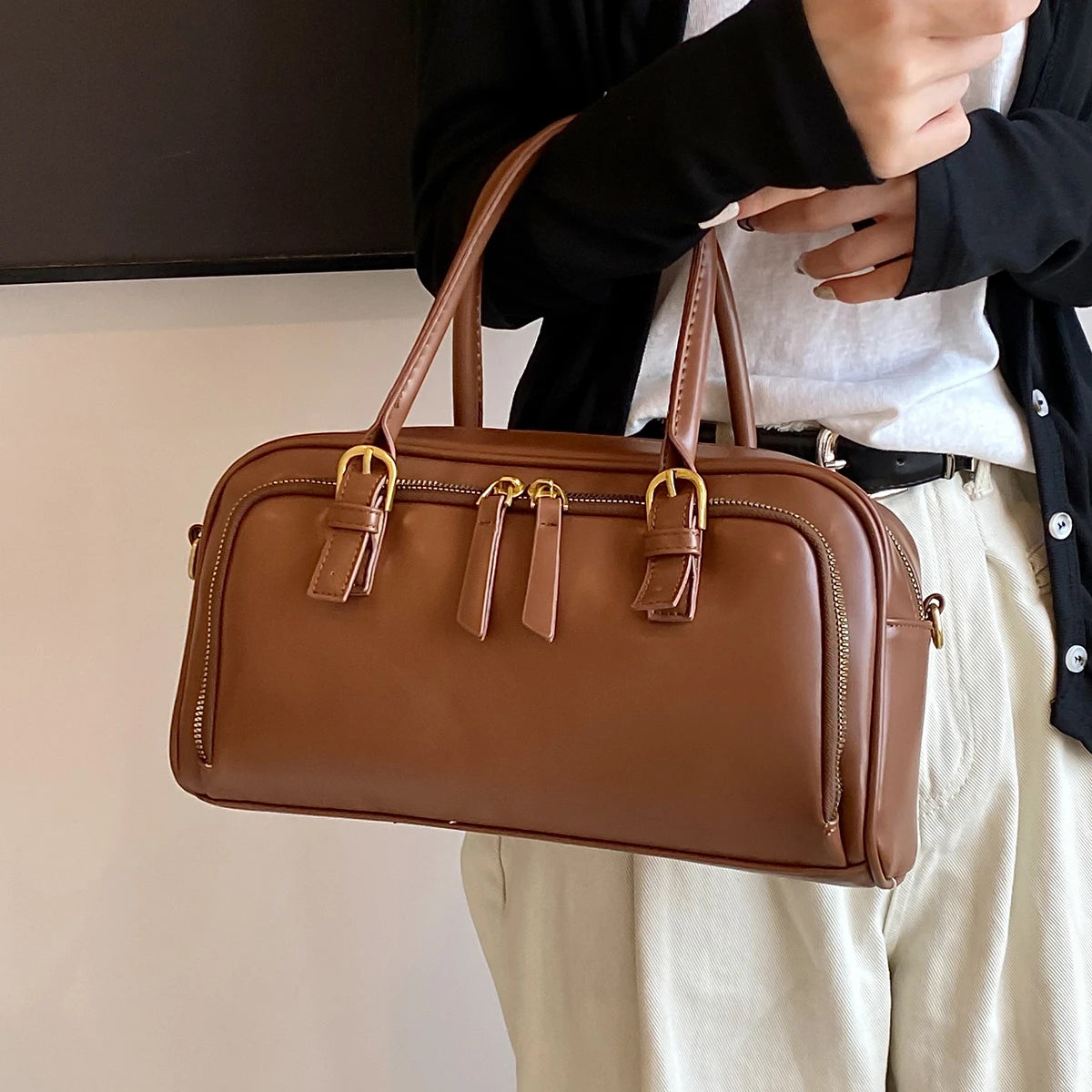 Vintage Handbags for Women Solid Pu Leather Tote Bags Large Capacity Female Commute Wide Strap Crossbody Packs 2024 New