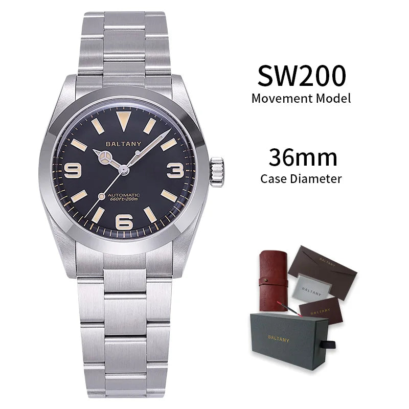 Baltany Vintage Explorer Homage Watches S4056 Sunburst 36mm Stainless Steel Bracelet 200M Luminous Men's Automatic Wristwatch