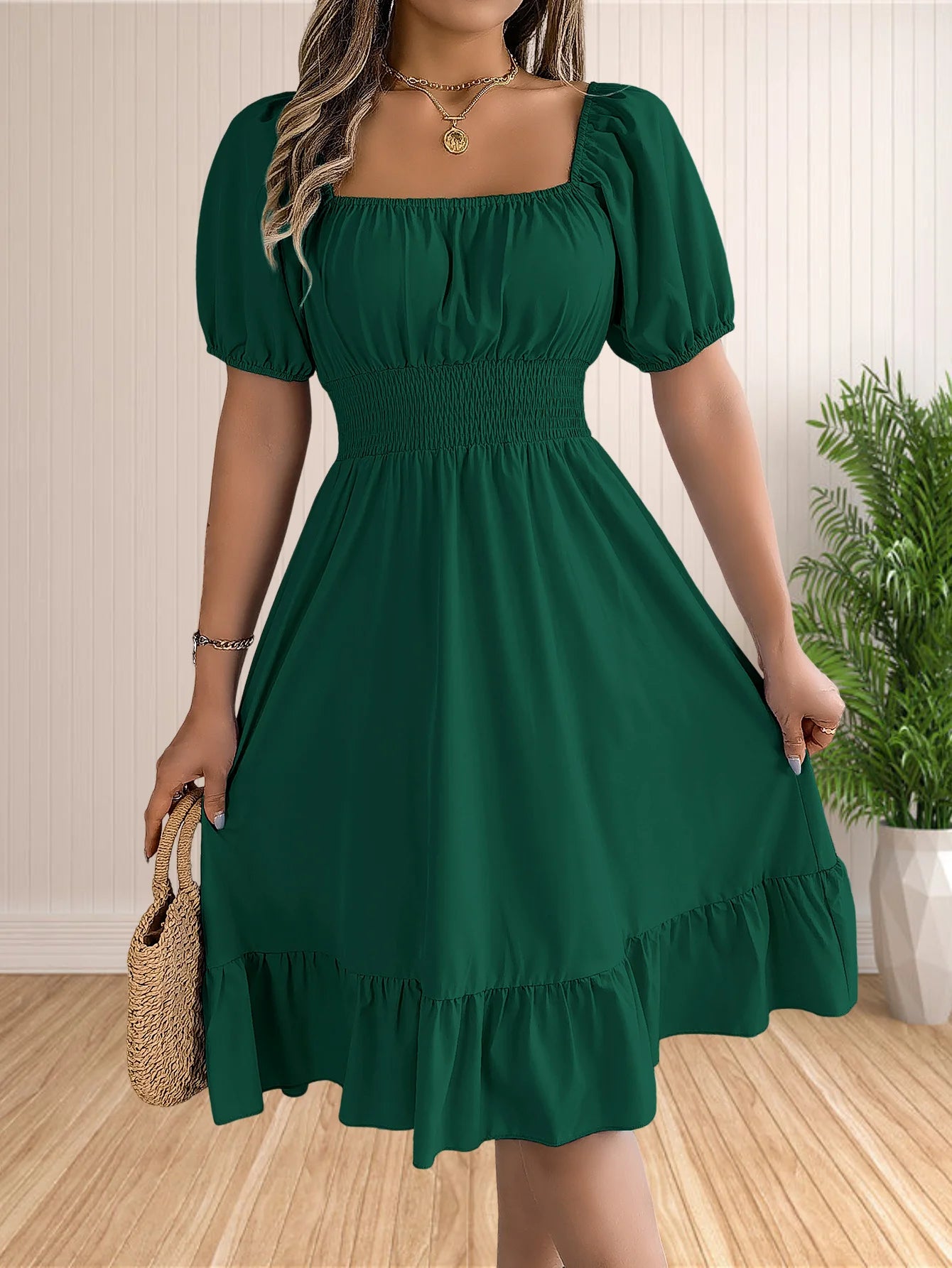 Women's Boho Square Neck Puff Short Sleeve Self Tie Front A Line Dress