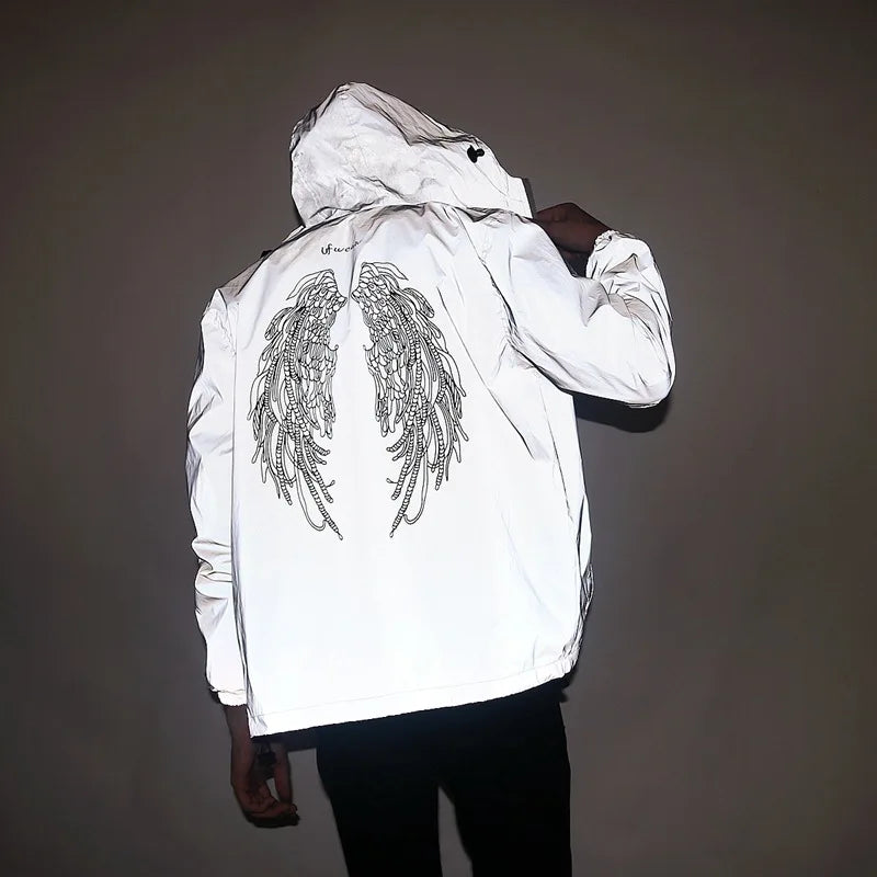 New Men's Full Reflective Waterproof Jackets Casual Women Windbreaker Hip Hop Hooded Autumn Printed Streetwear Night Shiny Coats