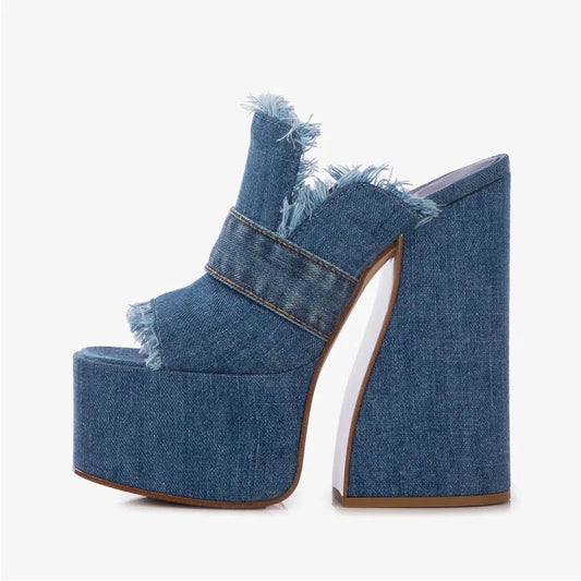 Arden Furtado 2024 Summer Denim Peep toe Square heel Mules Round toe Platform Super high heel Word slippers Large size