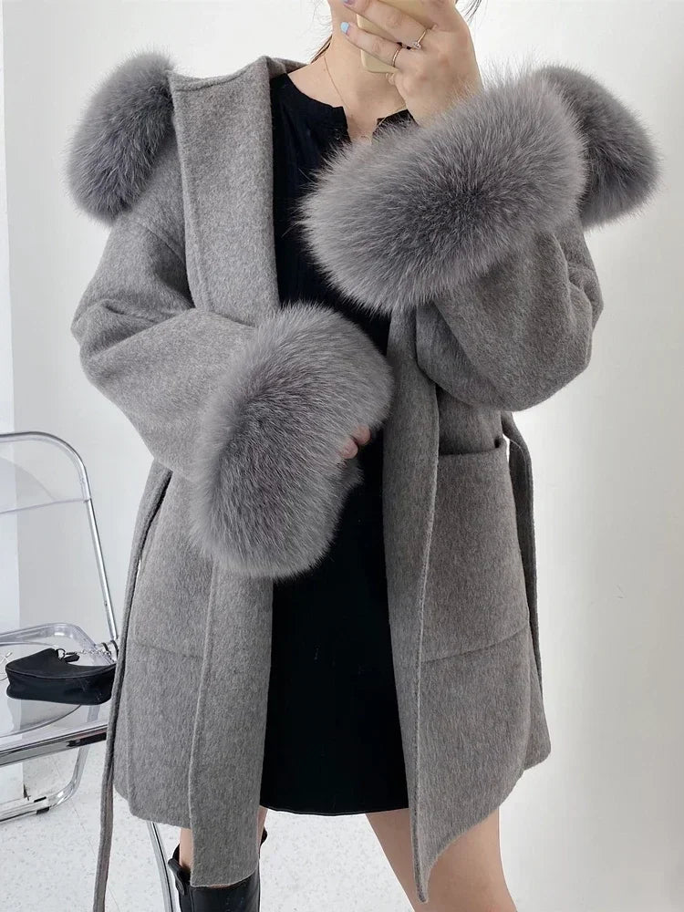 2024 New Woolen Coat Oversize Ladies Outerwear Winter Women Natural Fox Fur Collar Cuffs Jacket Hood Cashmere Wool