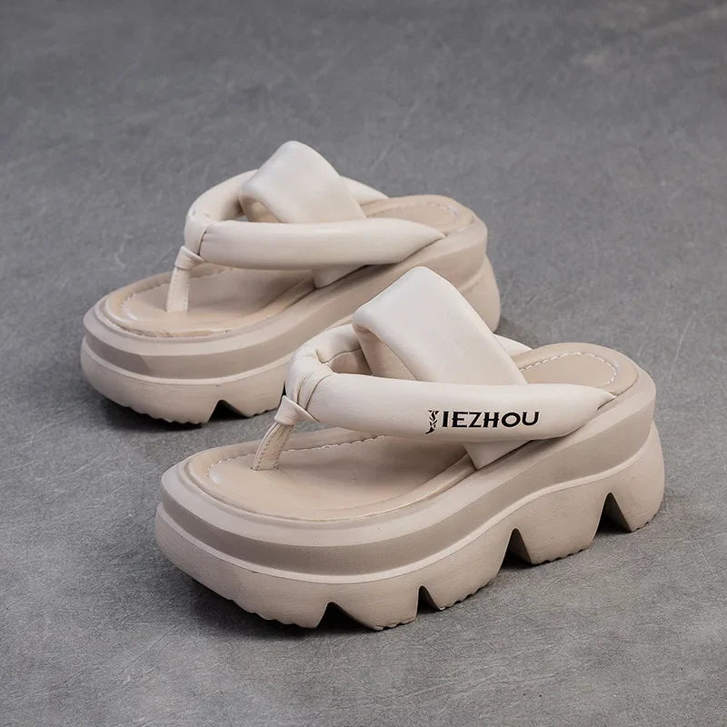 Koznoy 7.5cm Peep Toe Sheepskin Flip Leather Hollow Fashion Sandals Slippers Mary Jane Designer Women Summer Flats Loafer Shoes