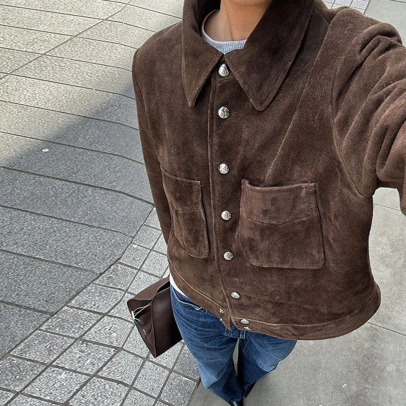Vintage Women's Belt Short Suede Jackets Loose Lapel Zipper Full Sleeve Zipper Coat Female 2025 Autumn Lady Commute Outwear