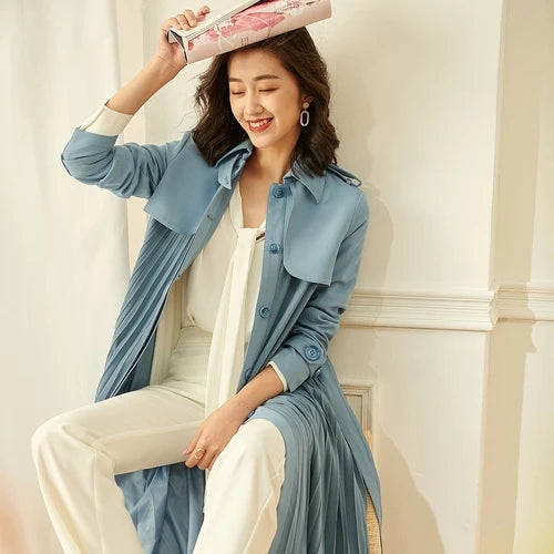 Ladies New 2023 Spring High-End Commuter Blue Trench Coat for Women Fashion Stitching Pleated Hem Loose Elegant Long Trench