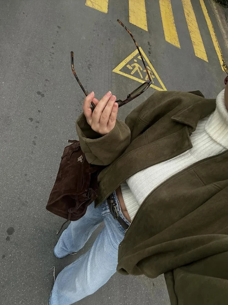 Chic Women's Green Suede Jacke Fashion Loose Long Sleeve Laple Zipper Bomber Jackets 2025 Spring New Ladies High Street Clothing