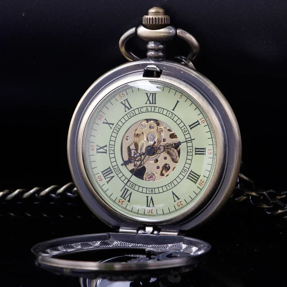 NEW Vintage Mechanical Pocket Watch Mens Hand-winding Skeleton Dragon Chain Retro Roman Numerals Display Pocket Clock