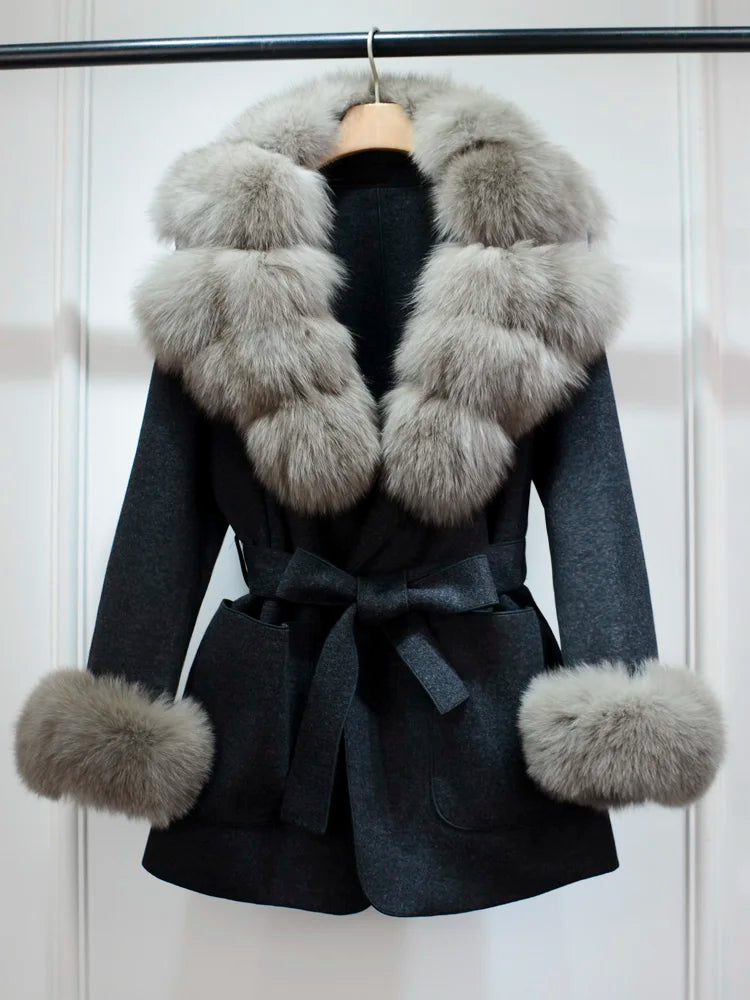 Lagabogy 2025 Large Natural Fox Fur Collar Cuffs Winter Cashmere Wool Blends Women Slim Fit Suit Double Sided Woolen Trench Coat