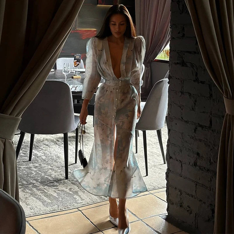 Print Long Dress For Women Deep V-neck Puff Sleeve Single Breasted Front Split Robes 2025 Summer Elegant Female Party Dresses