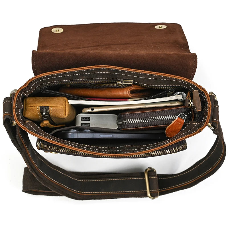 Men's Vintage Genuine Leather iPad Messenger Bag Thick Cow Leather Shoulder Bag Small Casual Crossbody Bag Cowhide Briefcase