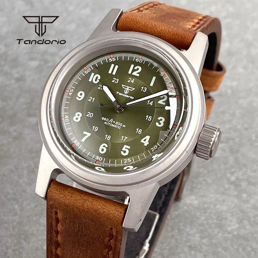 Tandorio Sandblasted 36mm Men's Dive Mechanical Wristwatch Domed Sapphire Crystal NH35 PT5000 20BAR Luminous Watch Date Leather