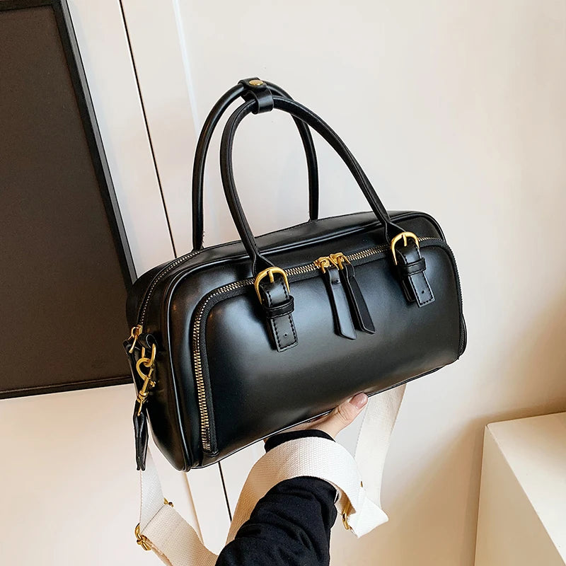 Vintage Handbags for Women Solid Pu Leather Tote Bags Large Capacity Female Commute Wide Strap Crossbody Packs 2024 New