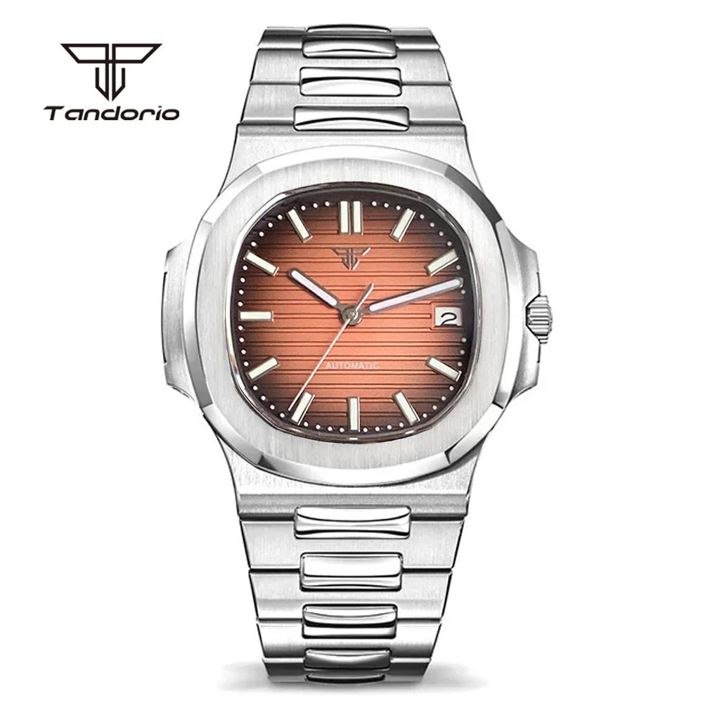 Tandorio Square 40mm Men's Stainless Steel NH35 Automatic Watch Multicolor Dial Sapphire Date Brushed Mechanical Wristwatch Lume