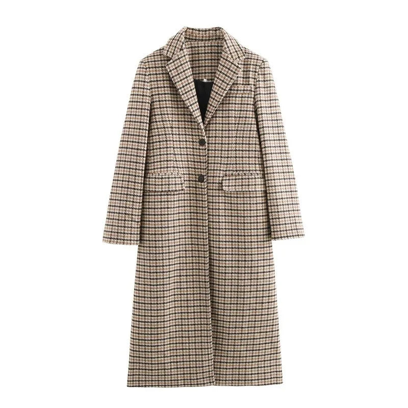 Trendy Long Plaid Woolen Coat for Women Collared Independent Station New Model SAW Fashionable Outerwear from Mainland China