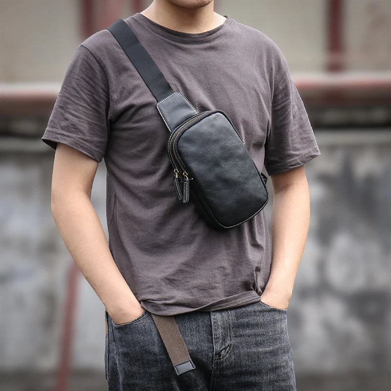 LUOKIR Men's Genuine Leather Chest Bag Cowhide Crossbody Simple Outdoor Small Backpack Casual Fashion Shoulder Sling Bags
