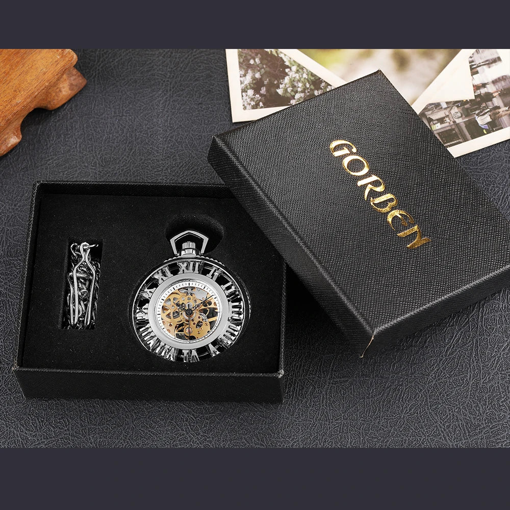 Retro Mechanical Pocket Watch Red Cross Hand-winding Silver Edelweiss Sculpture Hollow Vintage Skeleton Watches Men FOB Chain