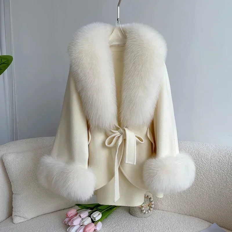 2023 Cashmere Wool Blends Coat Winter Autumn Women Jacket Real Fox Fur Collar Loose Thick Warm Outerwear Streetwear