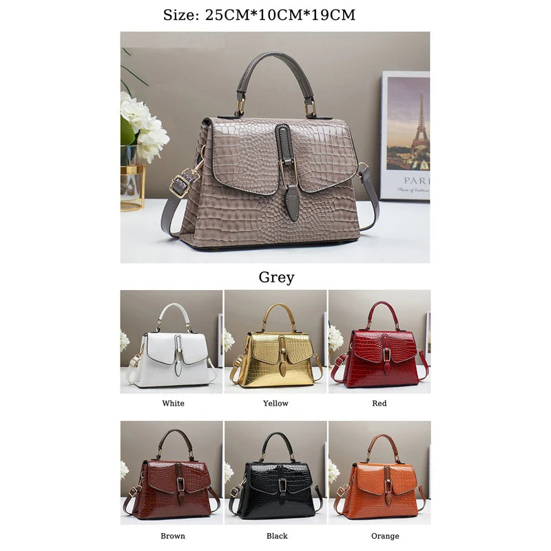 TRAVEASY Brand 2025 New Women's Tote Crossbody Shoulder Bag Crocodile-Embossed Glossy Flap Spacious Capacity Fashionable Handbag