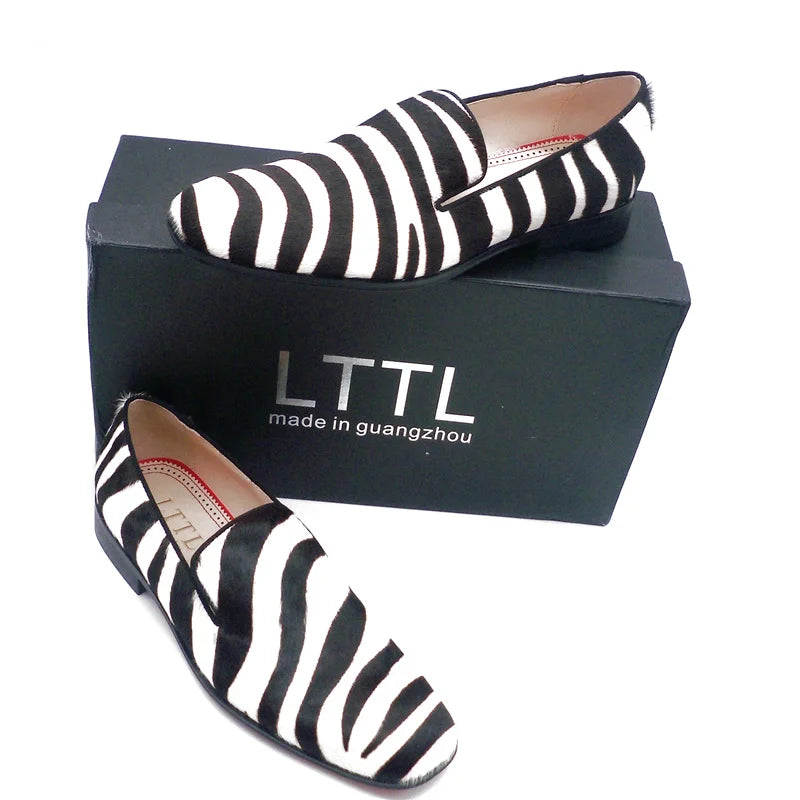 Luxury Brand Black And White Zebra Striped Shoes Men Horsehair Leather Loafers Slip On Dress Shoes Men's Flats Casual Shoes