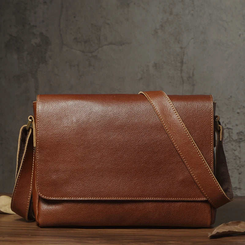 NUKA Men's Genuine Leather Shoulder Bag Retro Original Cowhide Horizontal Crossbody Deluxe Flap Messenger Bags For 11 Inch Ipad