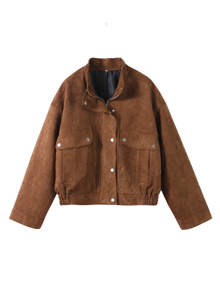 Vintage Women's Belt Short Suede Jackets Loose Lapel Zipper Full Sleeve Zipper Coat Female 2025 Autumn Lady Commute Outwear