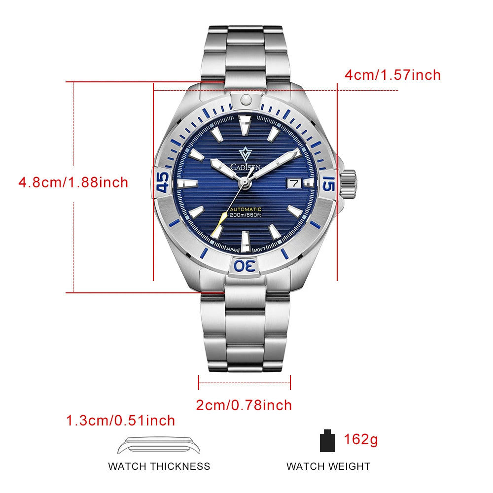 CADISEN NEW Top Brand Sports Men Mechanical Wristwatch Luxury Automatic NH35 Watch Men's Stainless Steel 200M Waterproof Clock