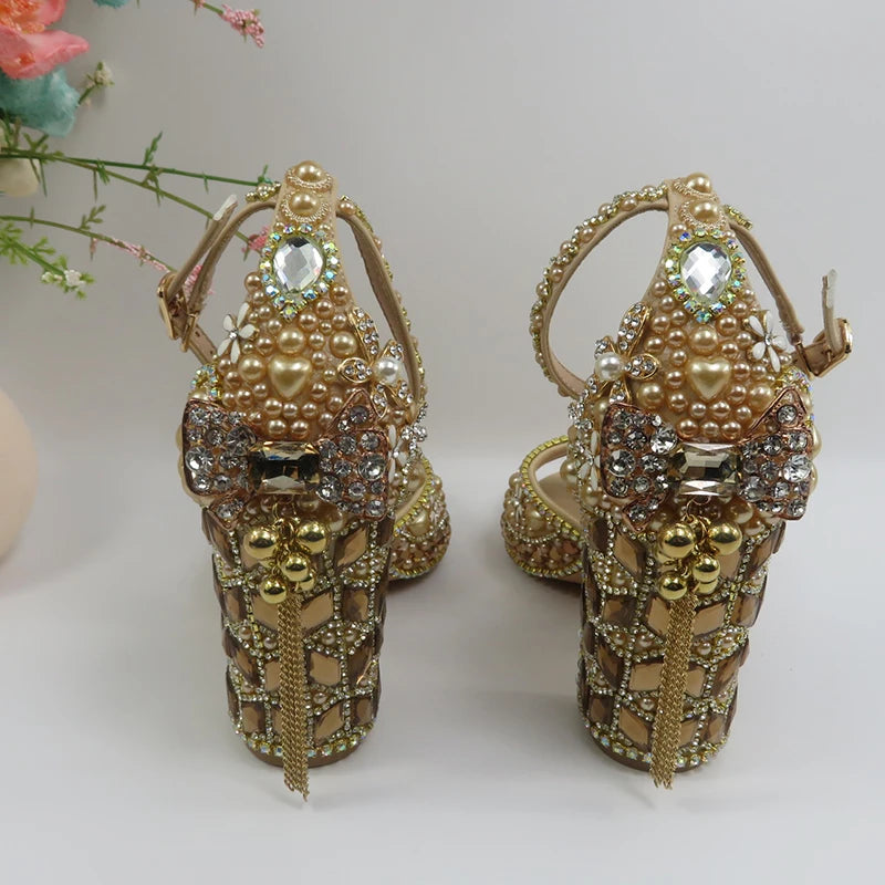 Champagne Crystal Bridals Party shoes 11cm Strange Heel Women Summer Sandals Evening Party shoes Open Toe Sandals Ankle Strap