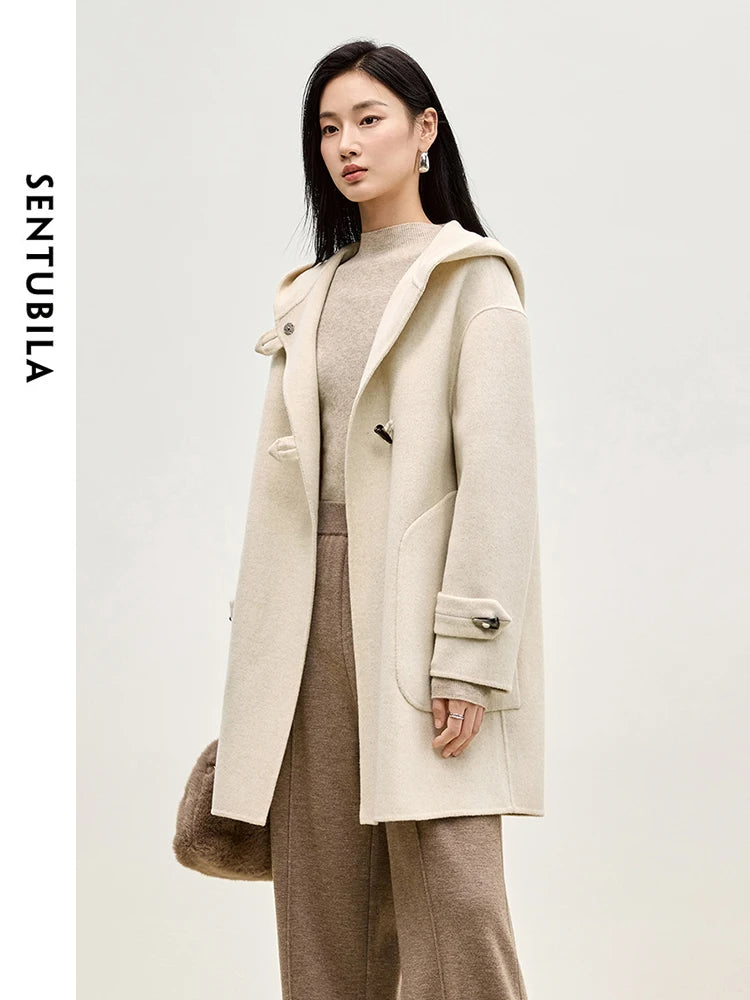 SENTUBILA Double Sided 100% Woolen Coat 2025 Winter Mid-length Straight Bull Horn Buckle Female Hooded Outwear W44O55979
