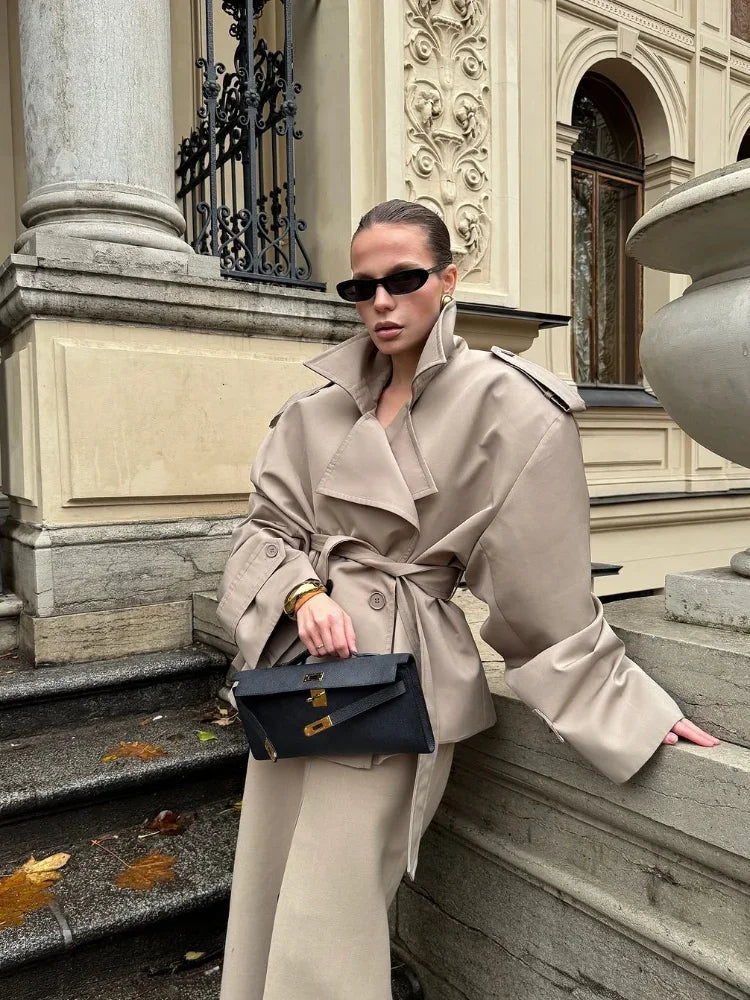 Elegant Solid Lace Up Overcoat Women Chic Full Sleeve Lapel Collar Button Loose Coat Autumn Female Street New Oversize Outerwear