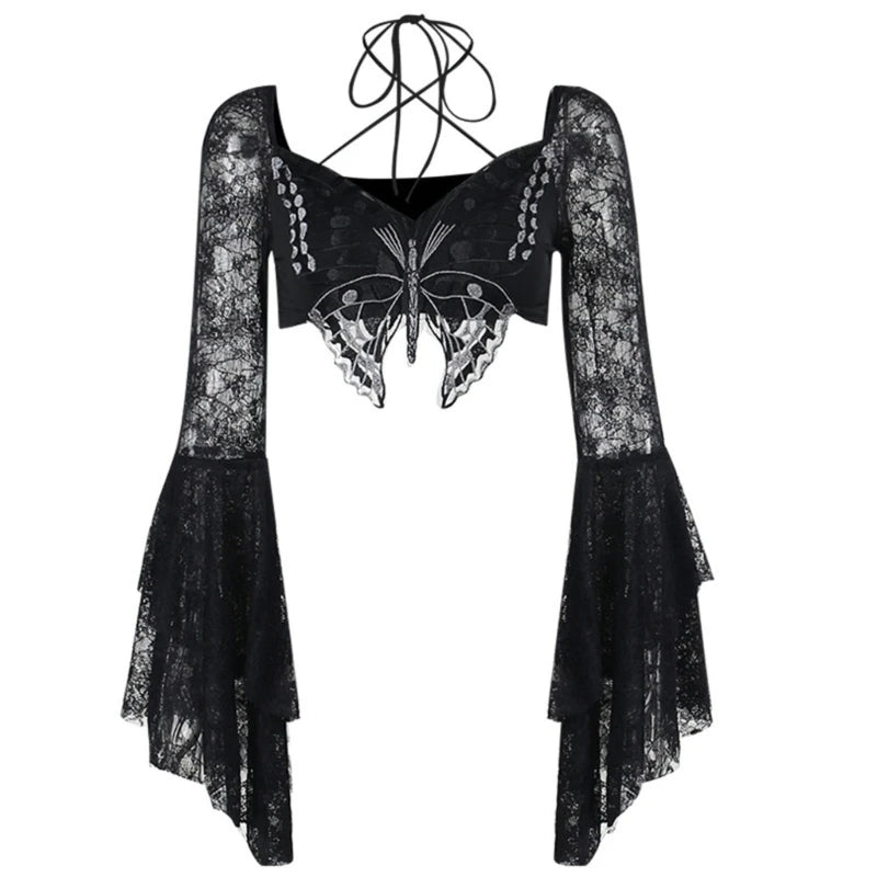 Women's Long Sleeve Crop Tops Blouses Shirt Top Punk Shrugs Cardigan Lace Mesh Crop Top Cosplay Outfits Streetwear