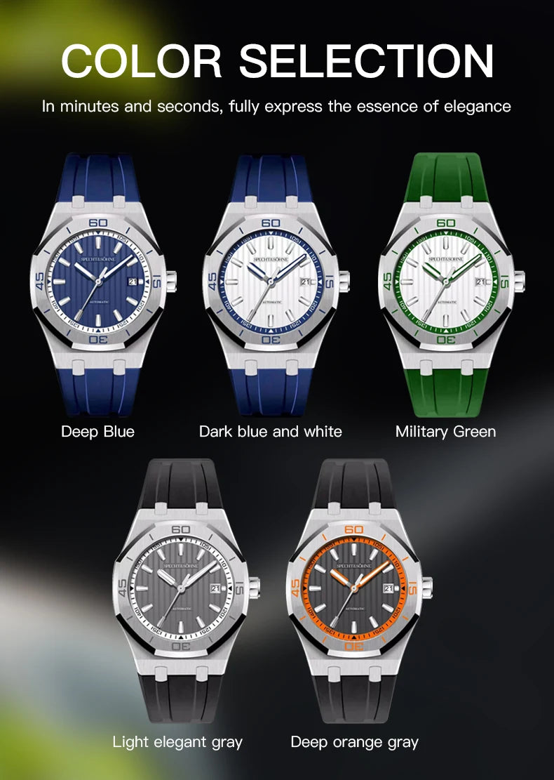New Luxury Specht & Söhne Automatic Mechanical Watches Japan 8215 Movt Stainless Steel Watch Sapphire Crystal Waterproof 40MM