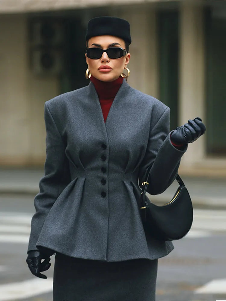Elegant Solid Blazer Coat for Women Fashion Single Breasted V Neck Slim Jackets 2025 Spring Lady All-match Casual Tops Outwear