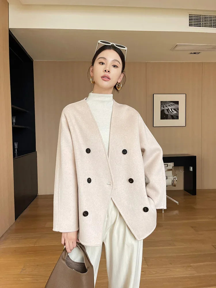 Women 100 Wool Tops Coat Fashion V-neck Short Coats Woolen Jacket Hand Sewing Autumn Winter Wool Blazer Double-Breasted #22