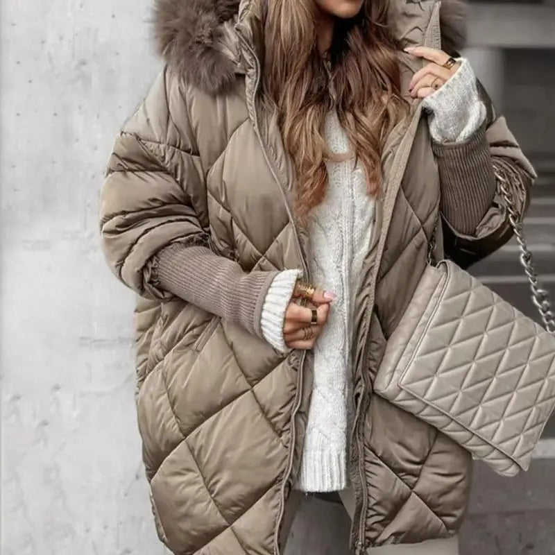 Women’s Hooded Casual Parka Padded Coat Winter Warm Cardigan Jacket With Knit Sleeves Patchwork