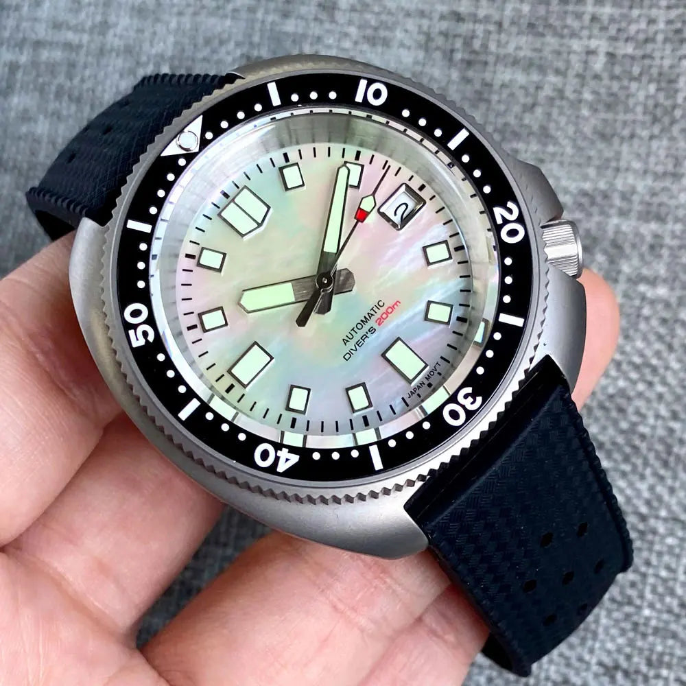 Tandorio Titanium Material Turtle Automatic Watch Men 200M Waterproof MOP Dial 120clicks Bezel Tropical Band Diver Reloj Hombre