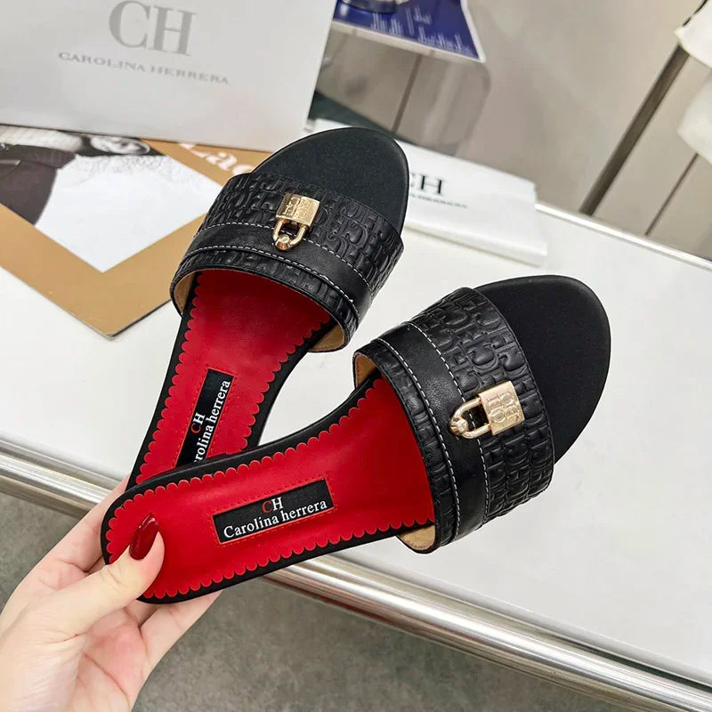 CH Women's Solid Colour Printing Simple Fashion Slippers High-End Style Elegant Wearable Office Working Woman