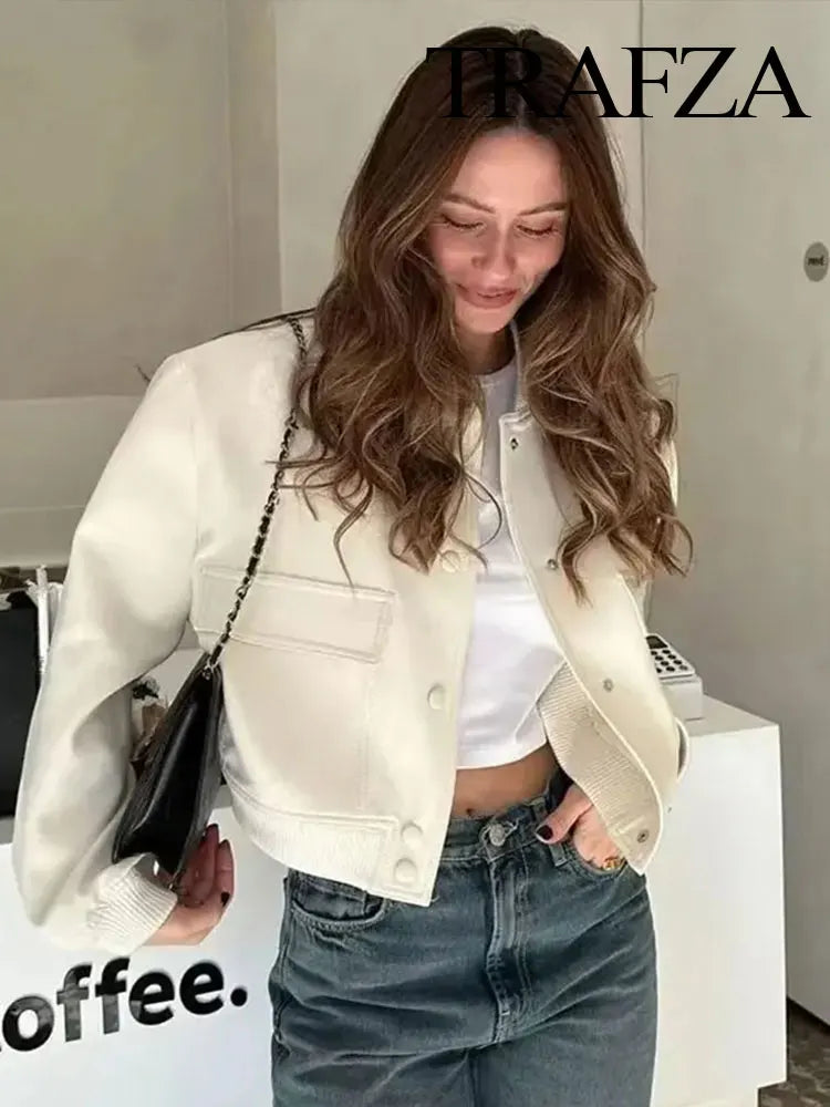 TRAFZA Women's Streetwear Elegant Solid Color Jacket Long Sleeve Button Slim Short Jacket Women's Fashion Casual Pocket Top Y2K