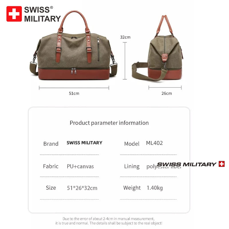 SWISS MILITARY Handheld travel Bag Large Capacity Retro Bag Canvas Multifunctional Luggage Bag Anti Theft Travel Bag