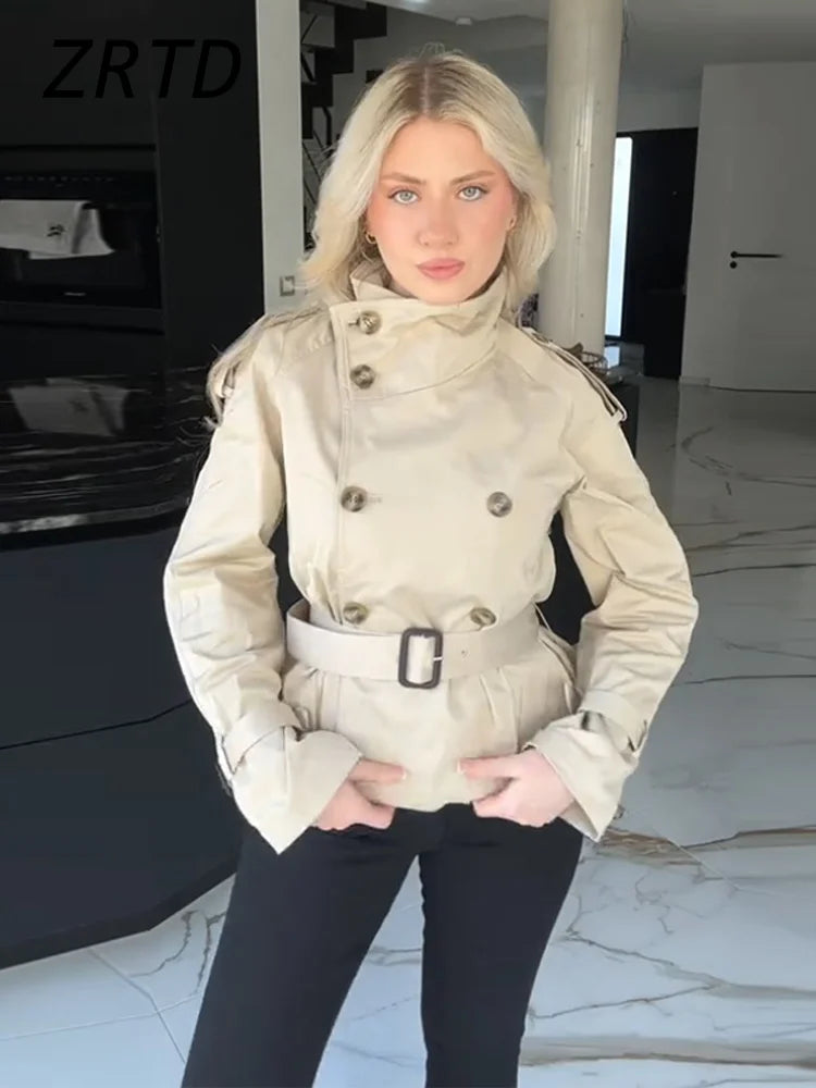 Fashion Women's Short Belt Jackets Turtleneck Double Breasted Full Sleeve Female Trench Coats 2025 Autumn Lady Commute Outwear