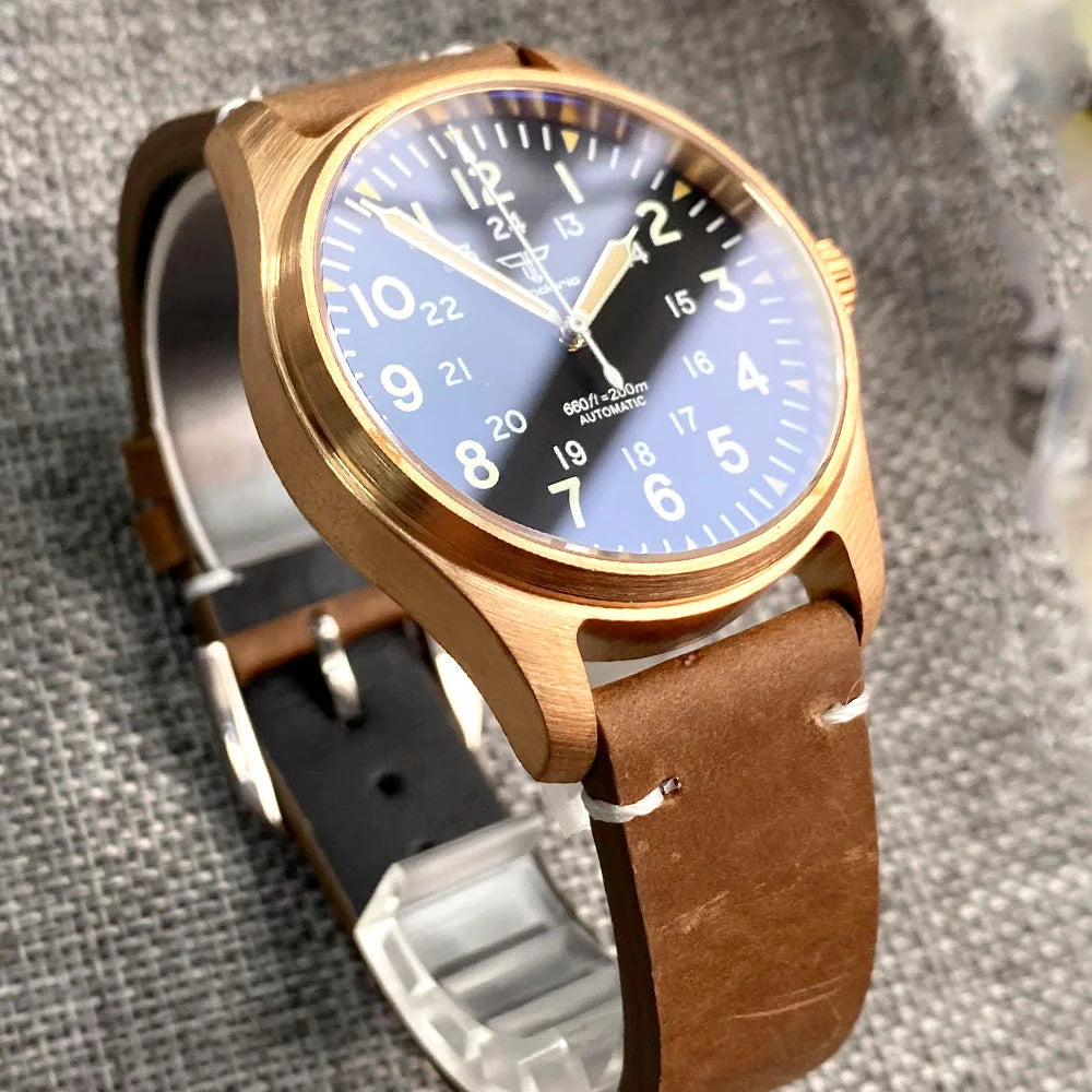 Tandorio CuSn8 Real Bronze NH35A PT5000 Dive Mechanical Watch Men Vintage Pilot Wristwatch 20bar Sport Clock Sunburst Green/Red