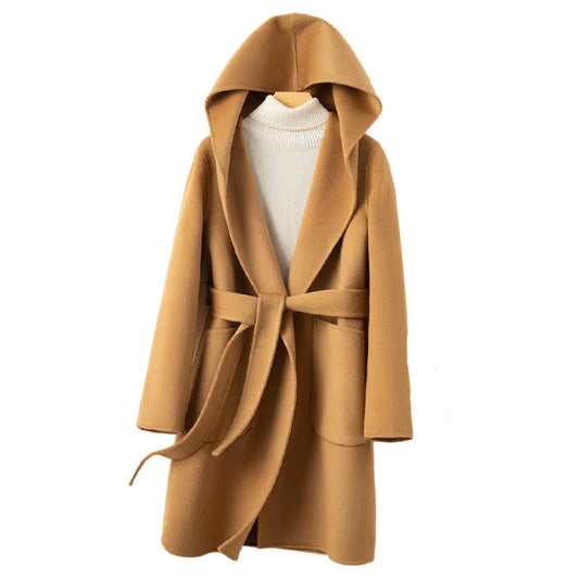Women Double-sided Middle Long Length Woolen Hoodie Coat With Belt Lace Up Hooded Slimming Wool Jacket Autumn Winter Outerwear